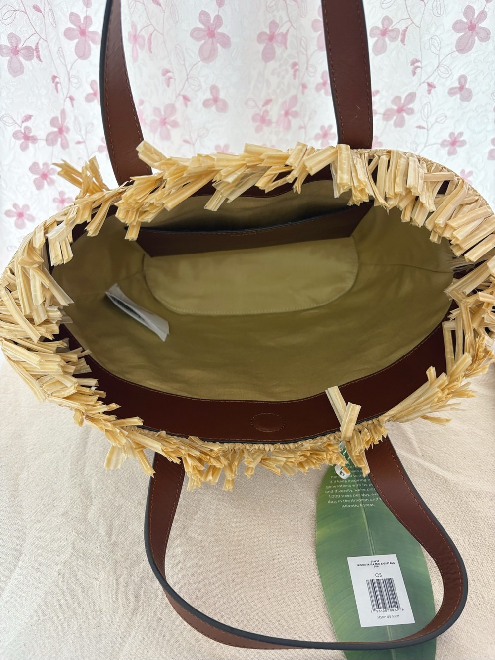 Farm Rio Small Fringed Leather Trimmed Raffia Tote Bag - Picture 5 of 9